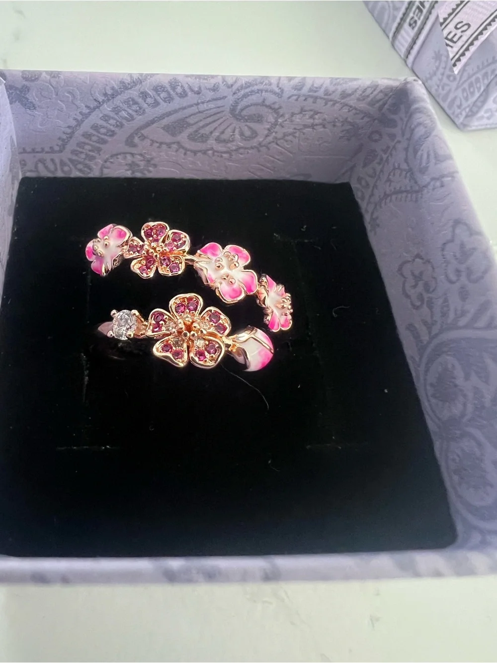 Pink Floral Crystal Open Band Ring - Women's Jewelry